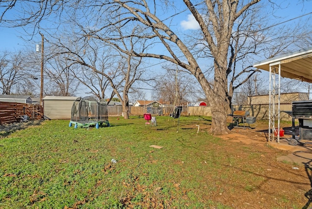 view of yard featuring a shed and a trampoline