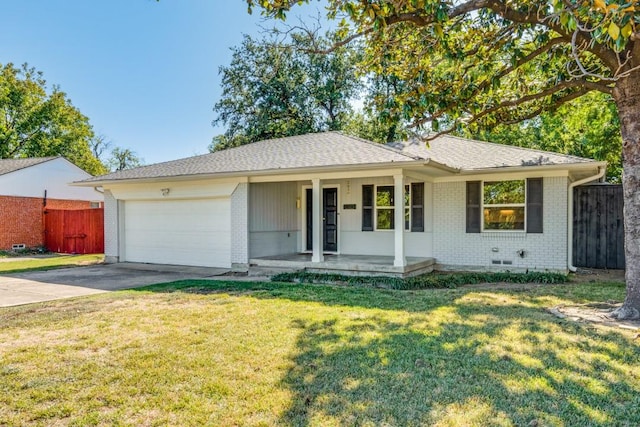 ranch-style house with a porch, a garage, and a front lawn