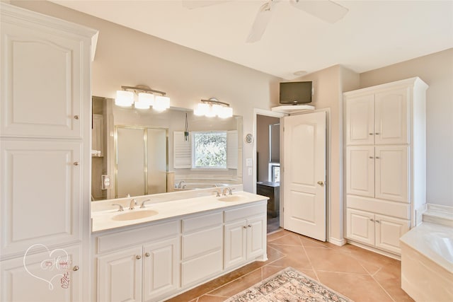 bathroom featuring separate shower and tub, vanity, tile patterned flooring, and ceiling fan