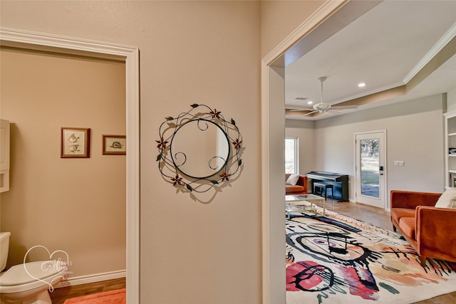 hallway featuring a tray ceiling, ornamental molding, and hardwood / wood-style flooring