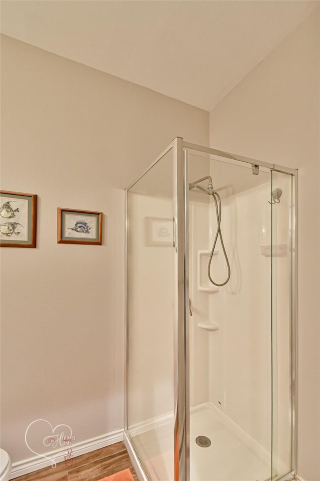 bathroom with hardwood / wood-style flooring and an enclosed shower