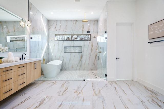 bathroom with plus walk in shower and vanity