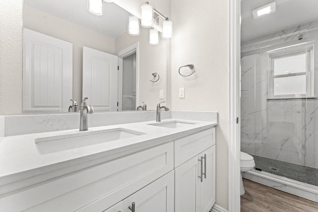 bathroom featuring a shower with shower door, hardwood / wood-style floors, toilet, and vanity