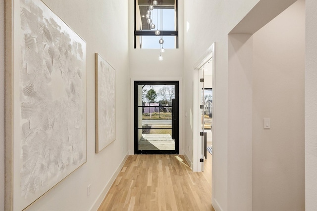 entryway featuring a towering ceiling and light hardwood / wood-style flooring