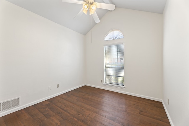 empty room featuring ceiling fan, dark hardwood / wood-style flooring, and high vaulted ceiling