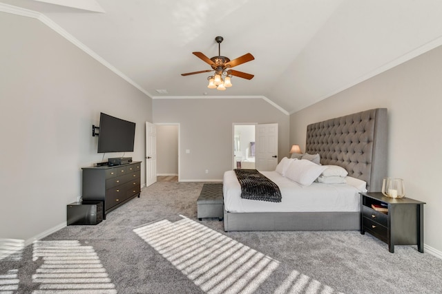 bedroom with light carpet, lofted ceiling, ceiling fan, and crown molding