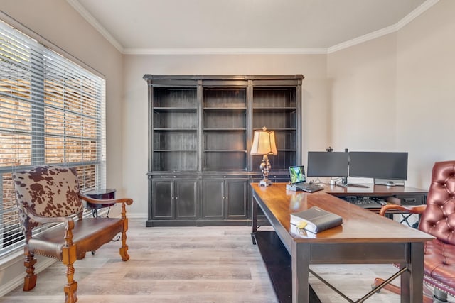 office with light wood-type flooring and ornamental molding