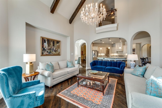 living room featuring a chandelier, high vaulted ceiling, beam ceiling, and dark hardwood / wood-style floors