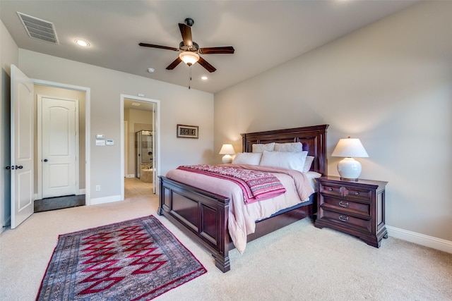 carpeted bedroom featuring ceiling fan