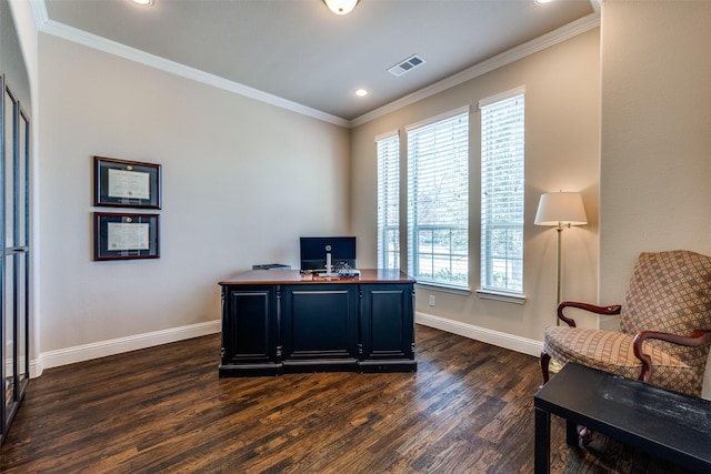 office with dark hardwood / wood-style floors and crown molding