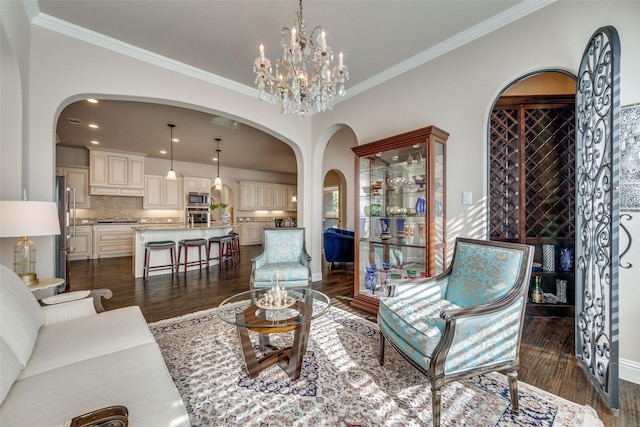 living room featuring dark hardwood / wood-style floors and ornamental molding