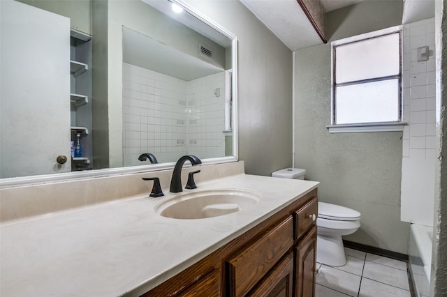 full bathroom with separate shower and tub, toilet, tile patterned flooring, and vanity