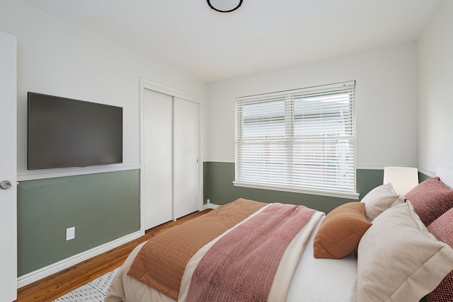 bedroom with a closet, hardwood / wood-style flooring, and multiple windows