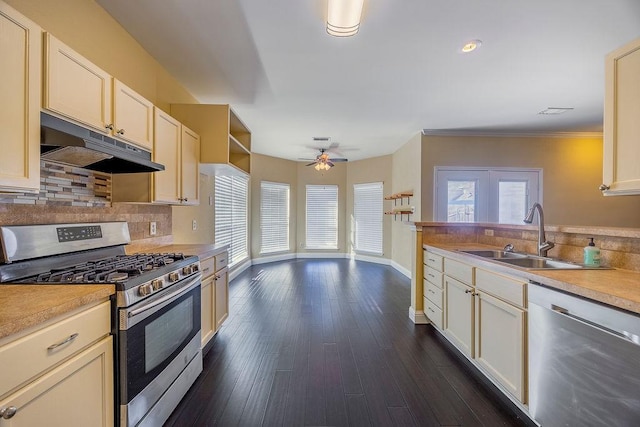 kitchen featuring dark wood-type flooring, sink, ornamental molding, appliances with stainless steel finishes, and ceiling fan