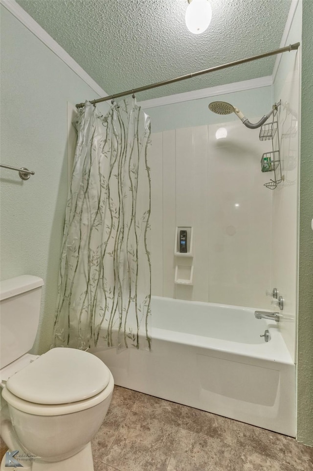 bathroom featuring toilet, ornamental molding, shower / bath combo, and a textured ceiling