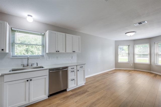 kitchen with light hardwood / wood-style floors, stainless steel dishwasher, sink, white cabinets, and backsplash