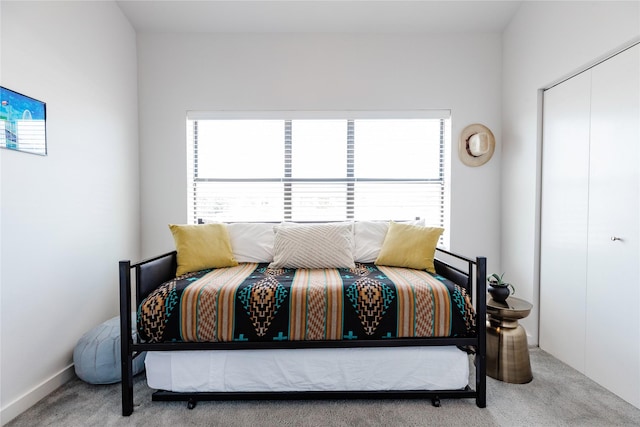 carpeted bedroom featuring a closet and multiple windows