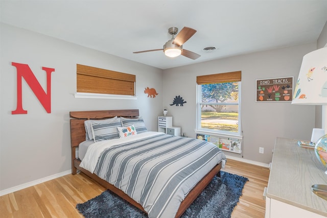 bedroom with ceiling fan and light wood-type flooring