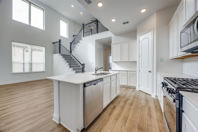 kitchen with white cabinetry, sink, light hardwood / wood-style floors, stainless steel appliances, and a center island with sink