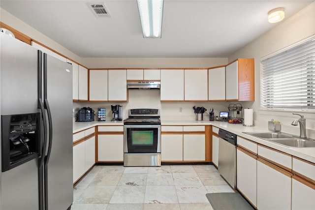 kitchen with white cabinets, appliances with stainless steel finishes, and sink