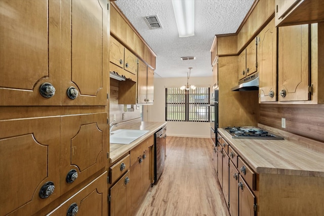 kitchen with sink, an inviting chandelier, hanging light fixtures, stainless steel appliances, and light hardwood / wood-style floors