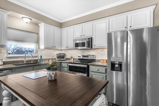 kitchen with decorative backsplash, sink, white cabinetry, and appliances with stainless steel finishes