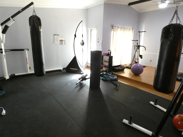 workout area with ceiling fan, crown molding, and lofted ceiling