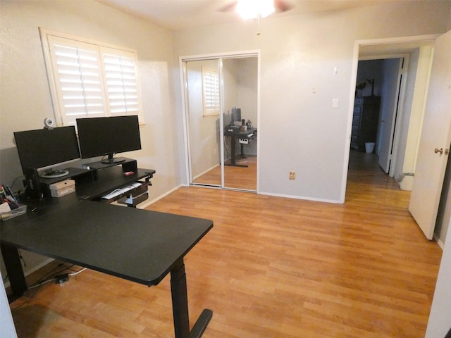 office area featuring ceiling fan and hardwood / wood-style floors