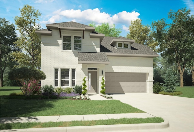 view of front of property featuring a garage and a front lawn