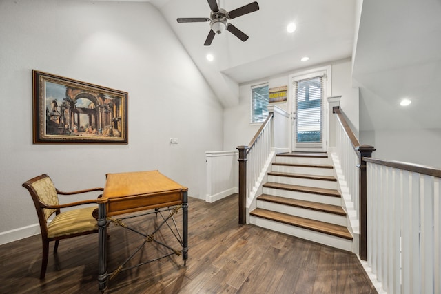 home office with ceiling fan, dark wood-type flooring, and lofted ceiling