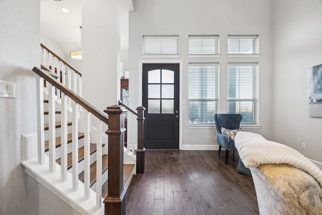 foyer entrance featuring dark wood-type flooring and a high ceiling