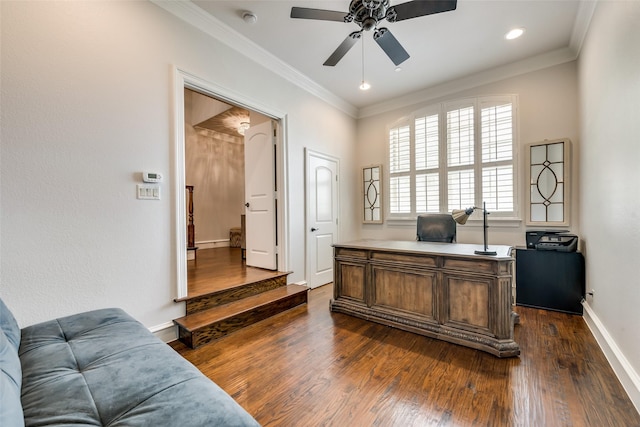 home office featuring ornamental molding and dark hardwood / wood-style floors