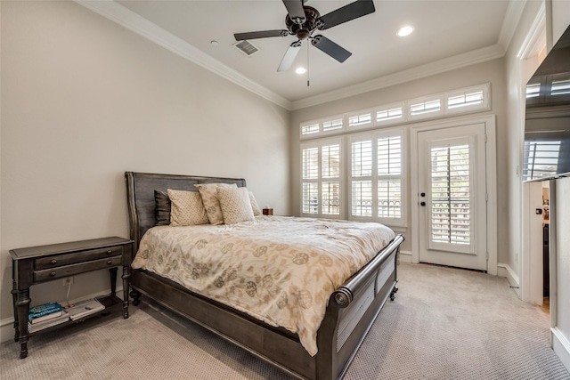 carpeted bedroom with crown molding, ceiling fan, and access to exterior