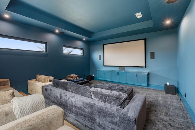 cinema room featuring a tray ceiling