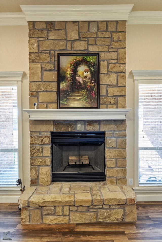 interior details with hardwood / wood-style flooring, crown molding, and a fireplace