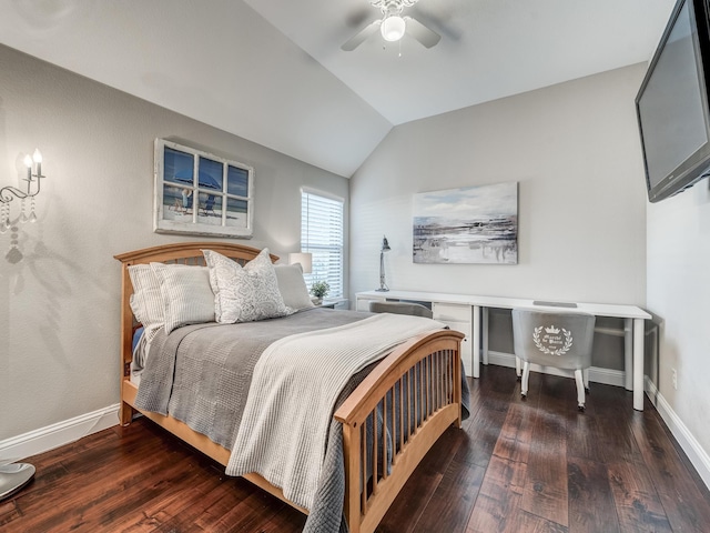 bedroom with dark wood-type flooring, ceiling fan, and vaulted ceiling