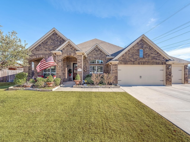 view of front of property featuring a garage and a front lawn