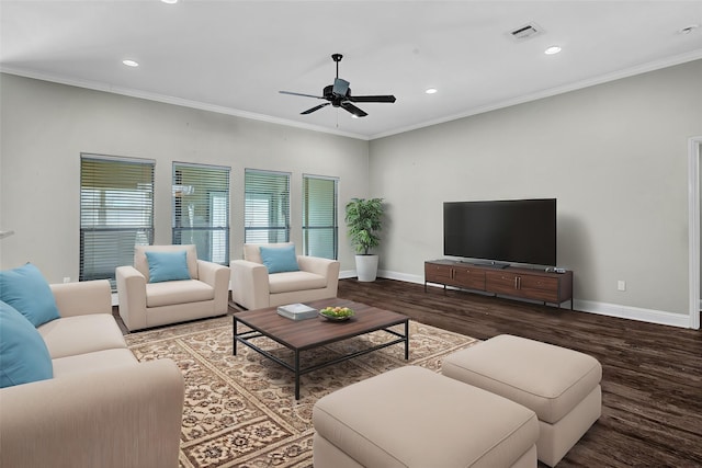 living room with crown molding, hardwood / wood-style flooring, and ceiling fan