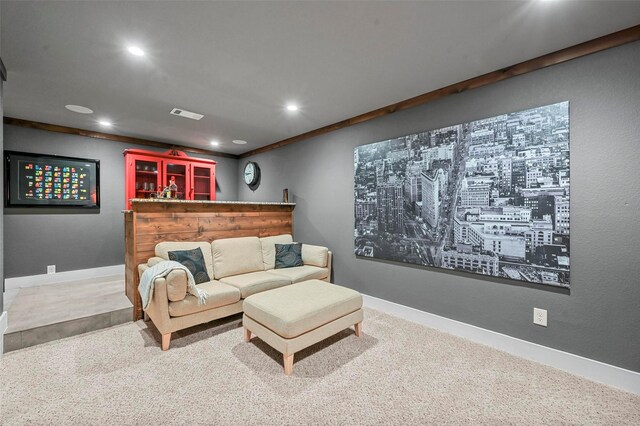 bar with crown molding, light stone countertops, and wood walls