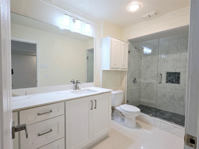 bathroom featuring an enclosed shower, tile patterned flooring, vanity, toilet, and crown molding