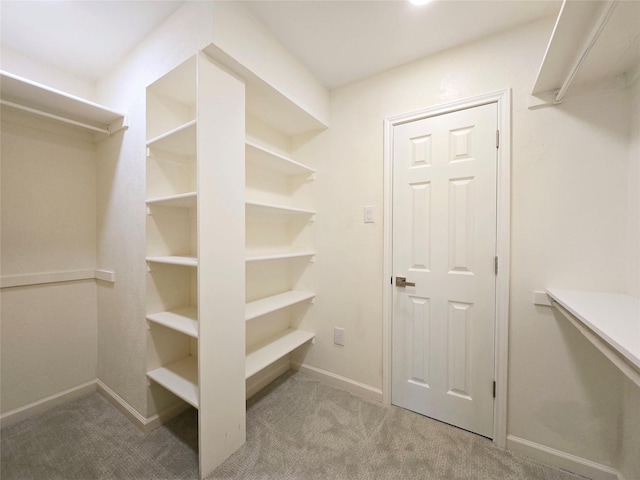 walk in closet featuring light colored carpet