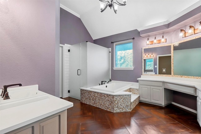 bathroom featuring vanity, ornamental molding, a notable chandelier, vaulted ceiling, and plus walk in shower