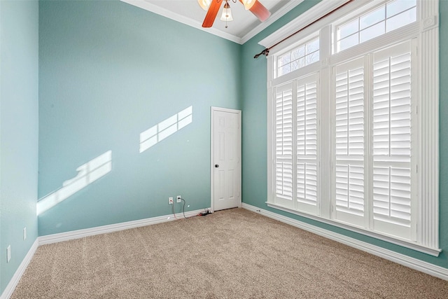 spare room featuring ceiling fan, carpet, and crown molding