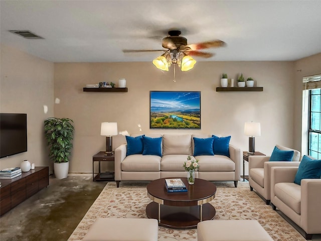 living room featuring ceiling fan