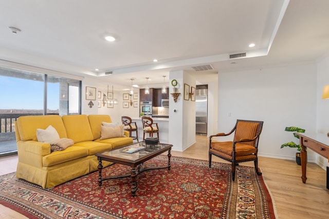 living room with ornamental molding, light hardwood / wood-style floors, and a raised ceiling