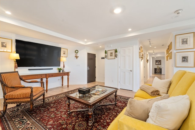 living room featuring ornamental molding and light hardwood / wood-style floors