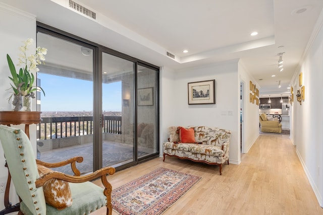 living area featuring a tray ceiling and light hardwood / wood-style flooring