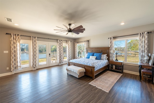 bedroom featuring ceiling fan, french doors, access to exterior, and dark hardwood / wood-style floors