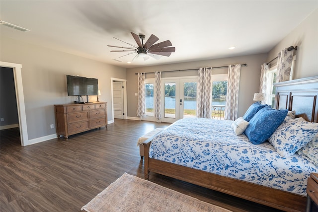 bedroom with ceiling fan, access to exterior, dark wood-type flooring, and french doors