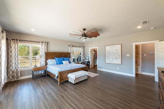 bedroom featuring ceiling fan, dark wood-type flooring, a walk in closet, and a closet